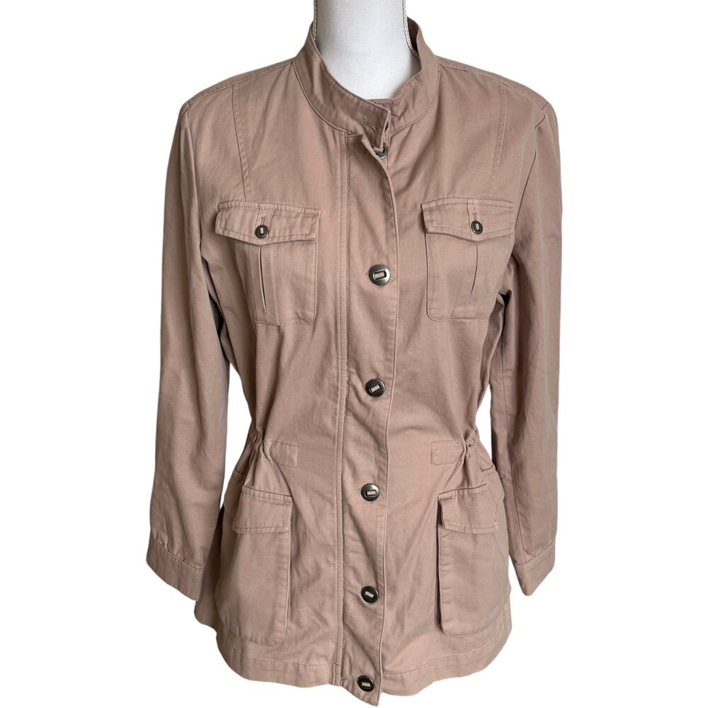 Coldwater Creek Jacket Medium Mauve PInk Cotton Drawstring Utility Zip Buttons